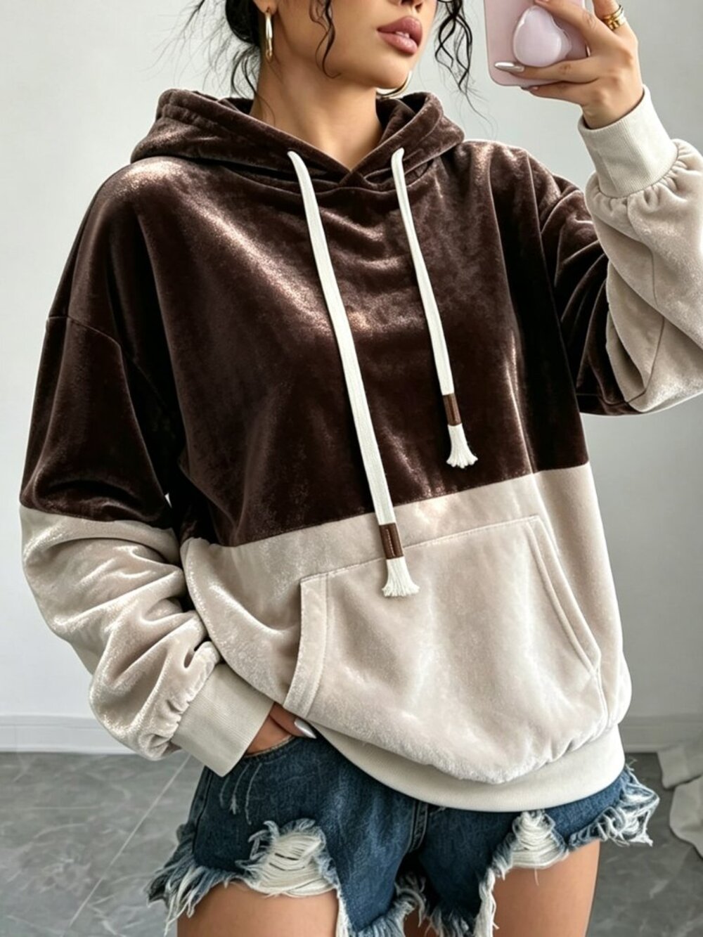 Multicolor Casual Colorblock Patchwork Drawstring Bishop Pullover Sweatshirt